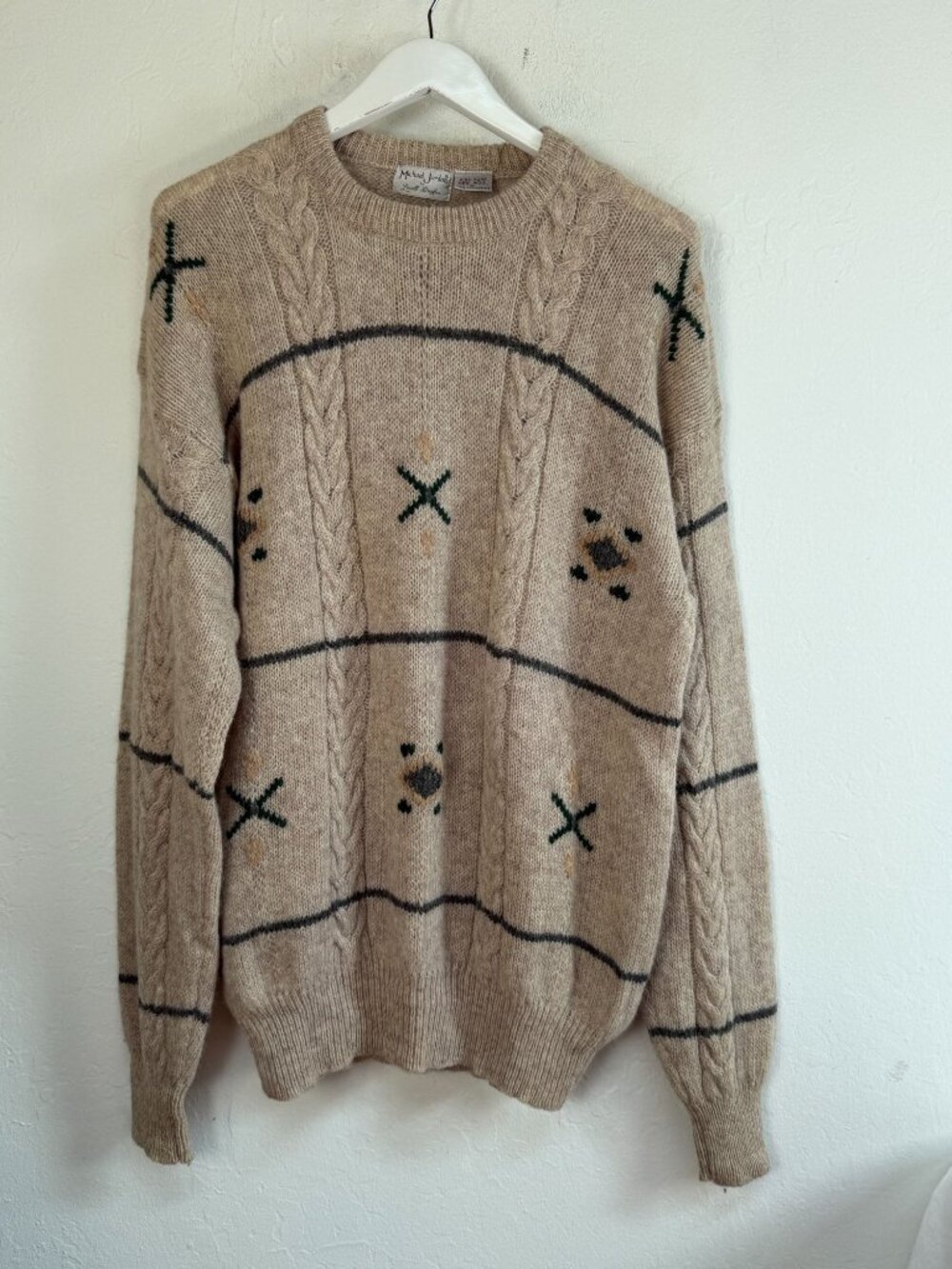 Michael Jordan Lowell Designs XL Beige Wool Sweater Cable Knit Geometric Pattern